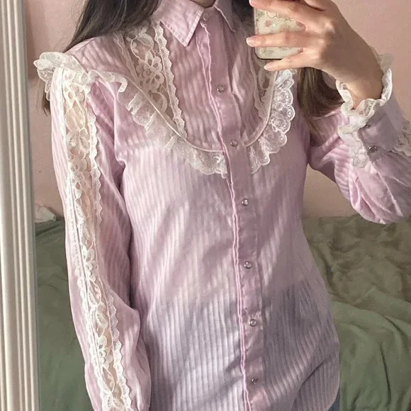 Small (7/8) - Vintage Miss Rodeo America Pastel light purple lace blouse - Picture 1 of 2